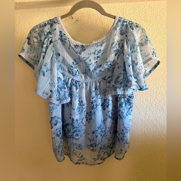 Blue Flutter Sleeve Ruffled Blouse - Picture 2 of 4